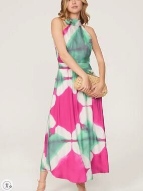 Busayo Tie Dye Halter Maxi Dress SMALL Wedding Guest Vacation Pink Designer $415